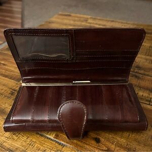 Vintage Eel Skin Leather Wallet Clutch Brown Textured Slim Snap Closure Retro